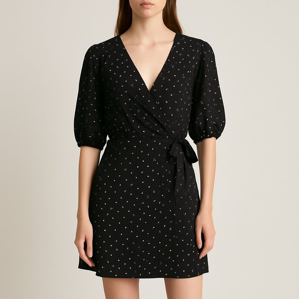 Lumiere Black Polka Dot Wrap Mini Dress V Neck Puff Sleeve Tie Waist Size L